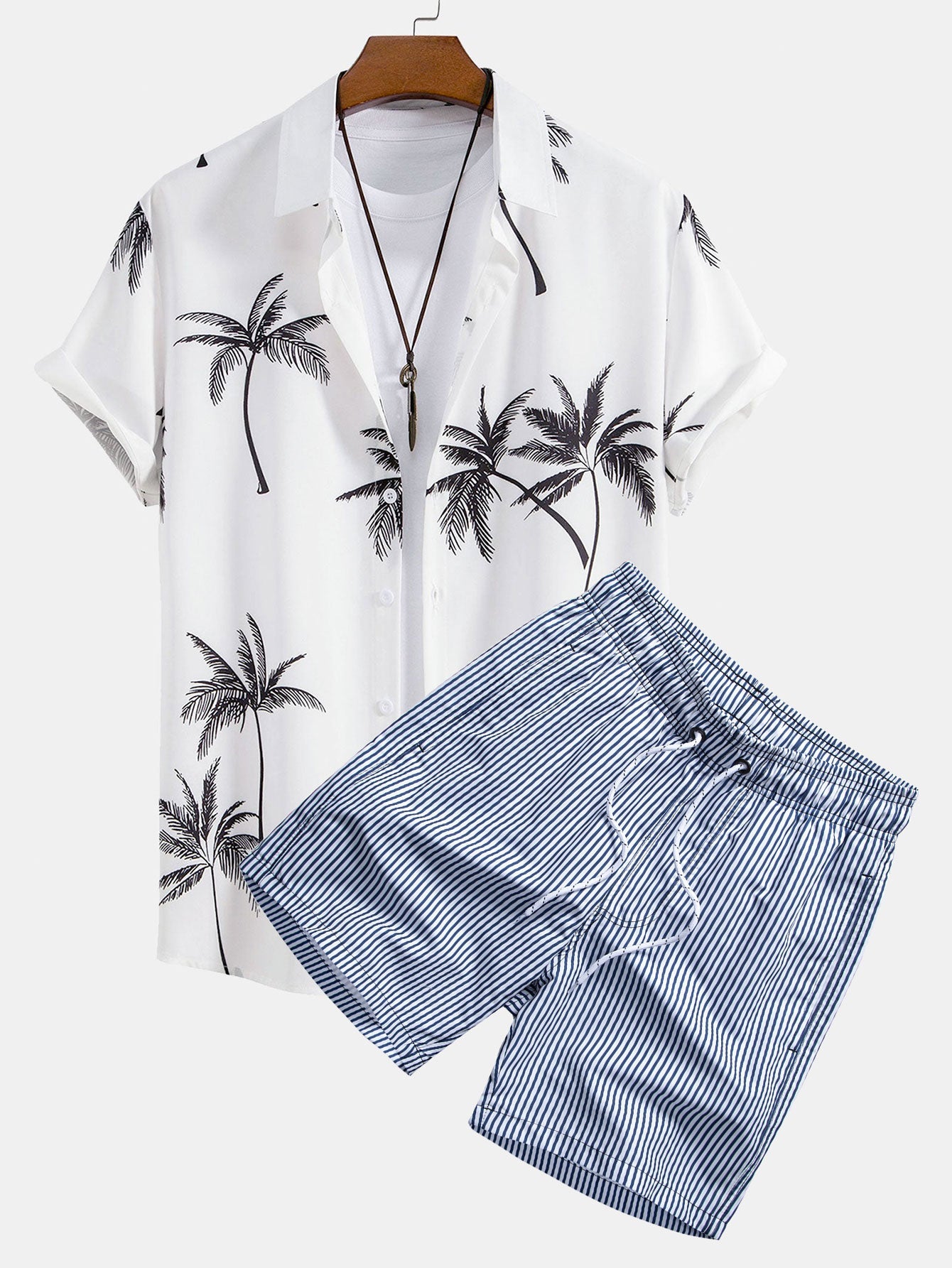 Palm Tree Print Shirt & Stripe Print Swim Shorts Set