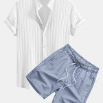 Textured Stand Collar Shirt & Stripe Print Swim Shorts Set