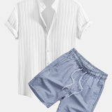 Textured Stand Collar Shirt & Stripe Print Swim Shorts Set