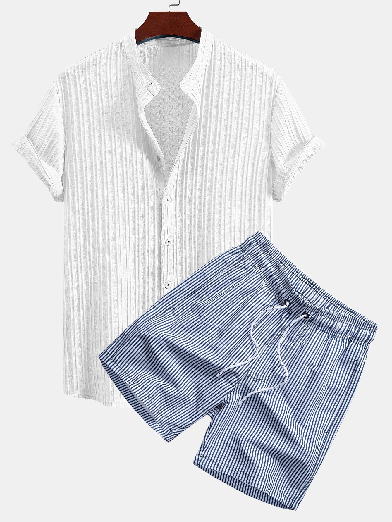 Textured Stand Collar Shirt & Stripe Print Swim Shorts Set