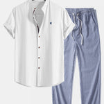 Short Sleeve Linen Stand Collar Shirt & Linen Stripe Pants Set