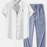 Short Sleeve Linen Stand Collar Shirt & Linen Stripe Pants Set