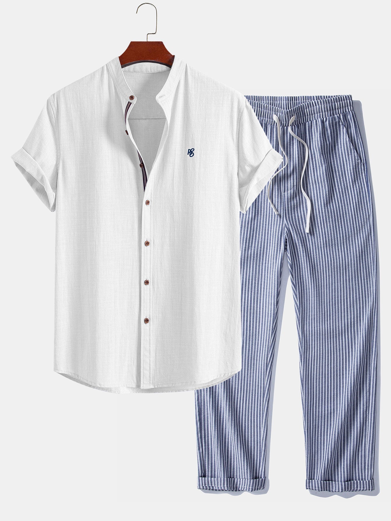 Short Sleeve Linen Stand Collar Shirt & Linen Stripe Pants Set