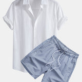 Linen Cotton Shirt & Stripe Print Swim Shorts Set