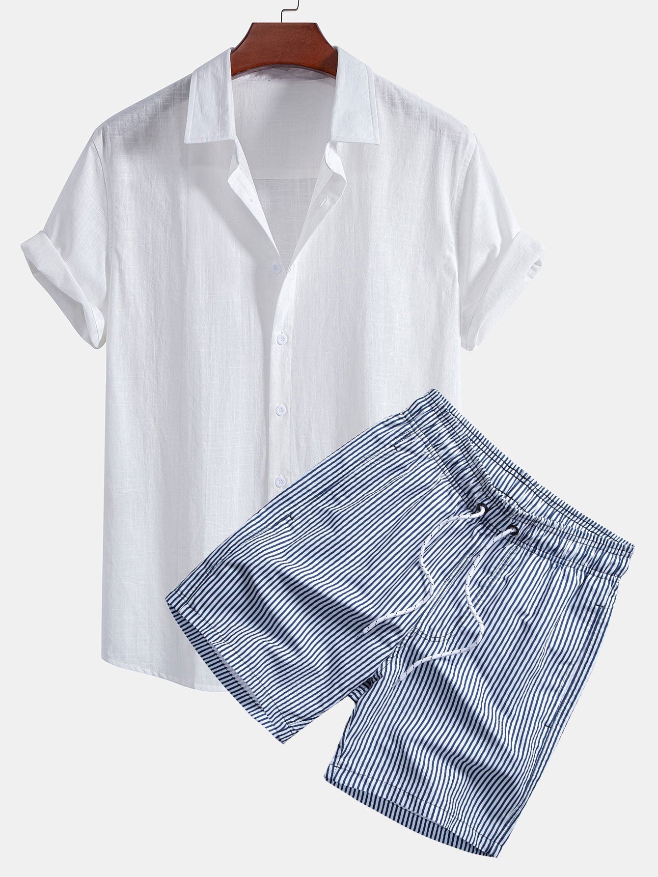 Linen Cotton Shirt & Stripe Print Swim Shorts Set