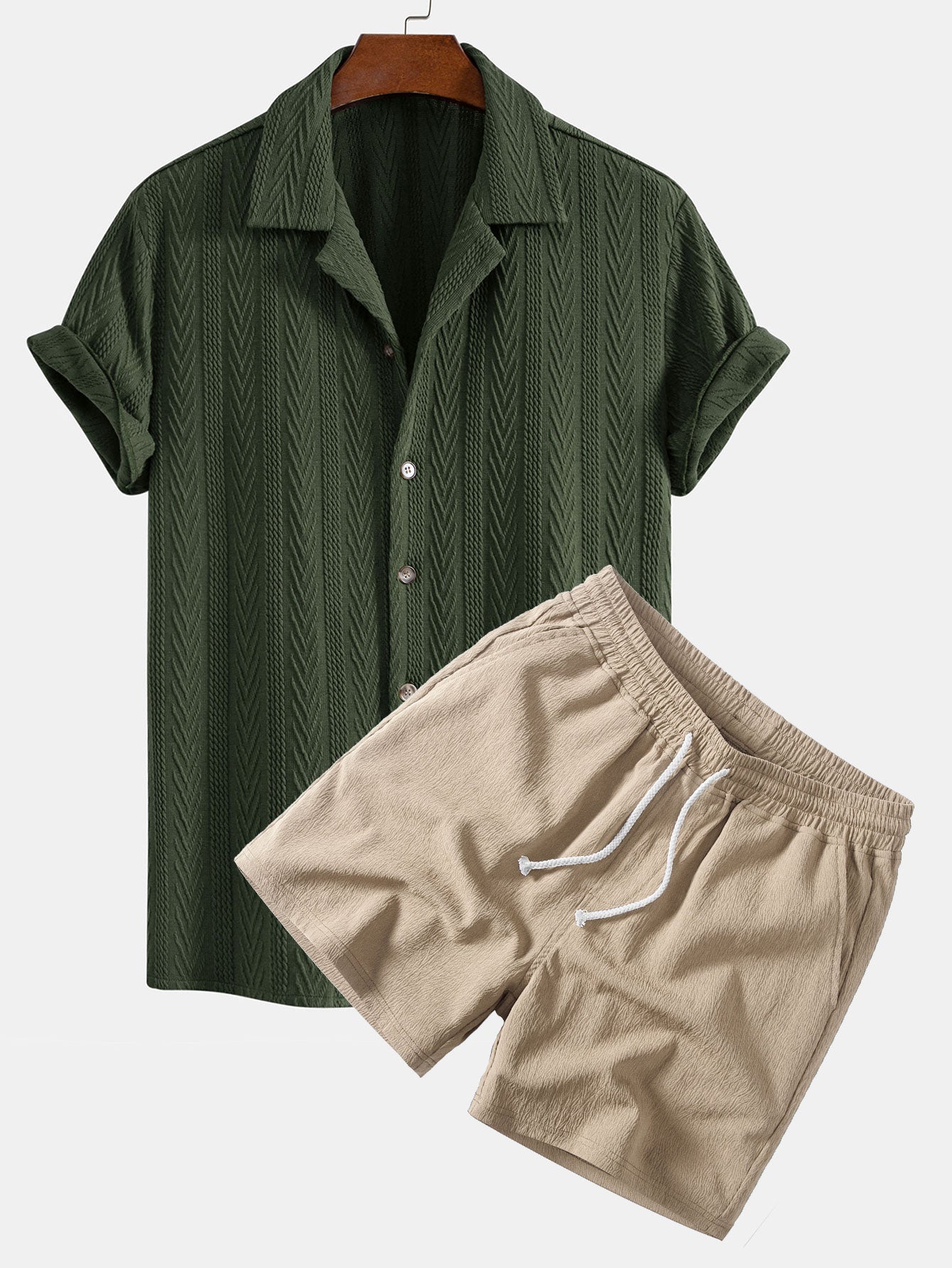 Texture Jacquard Cuban Shirt & Crinkle Textured Drawstring 5" Shorts Set