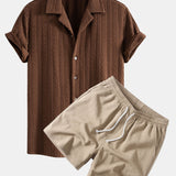 Texture Jacquard Cuban Shirt & Crinkle Textured Drawstring 5" Shorts Set