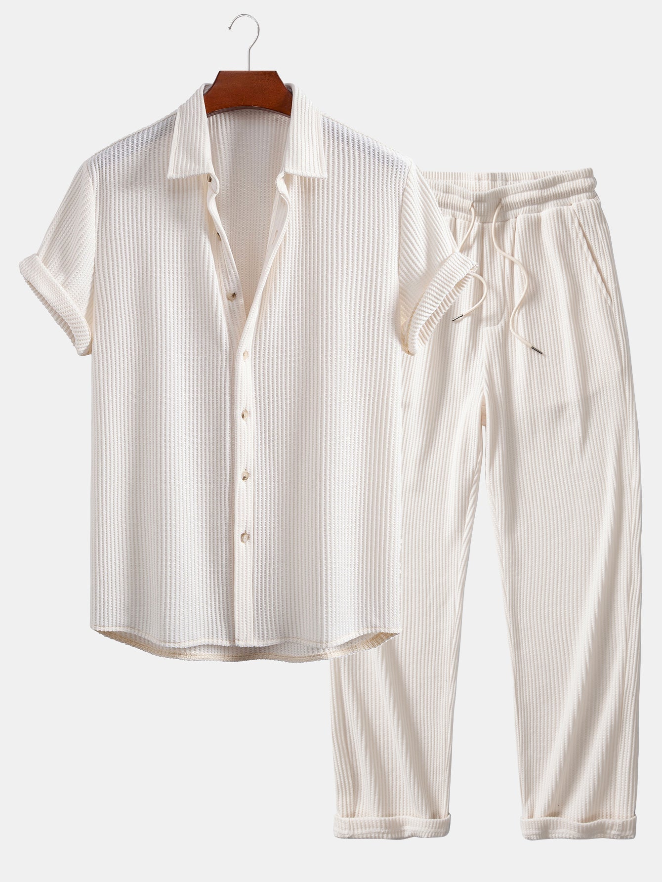 Waffle Shirt & Drawstring Knitted Waffle Pants Set