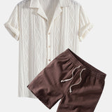 Geometric Jacquard Eyelet Cuban Shirt & Linen Blend Drawstring 7" Shorts Set