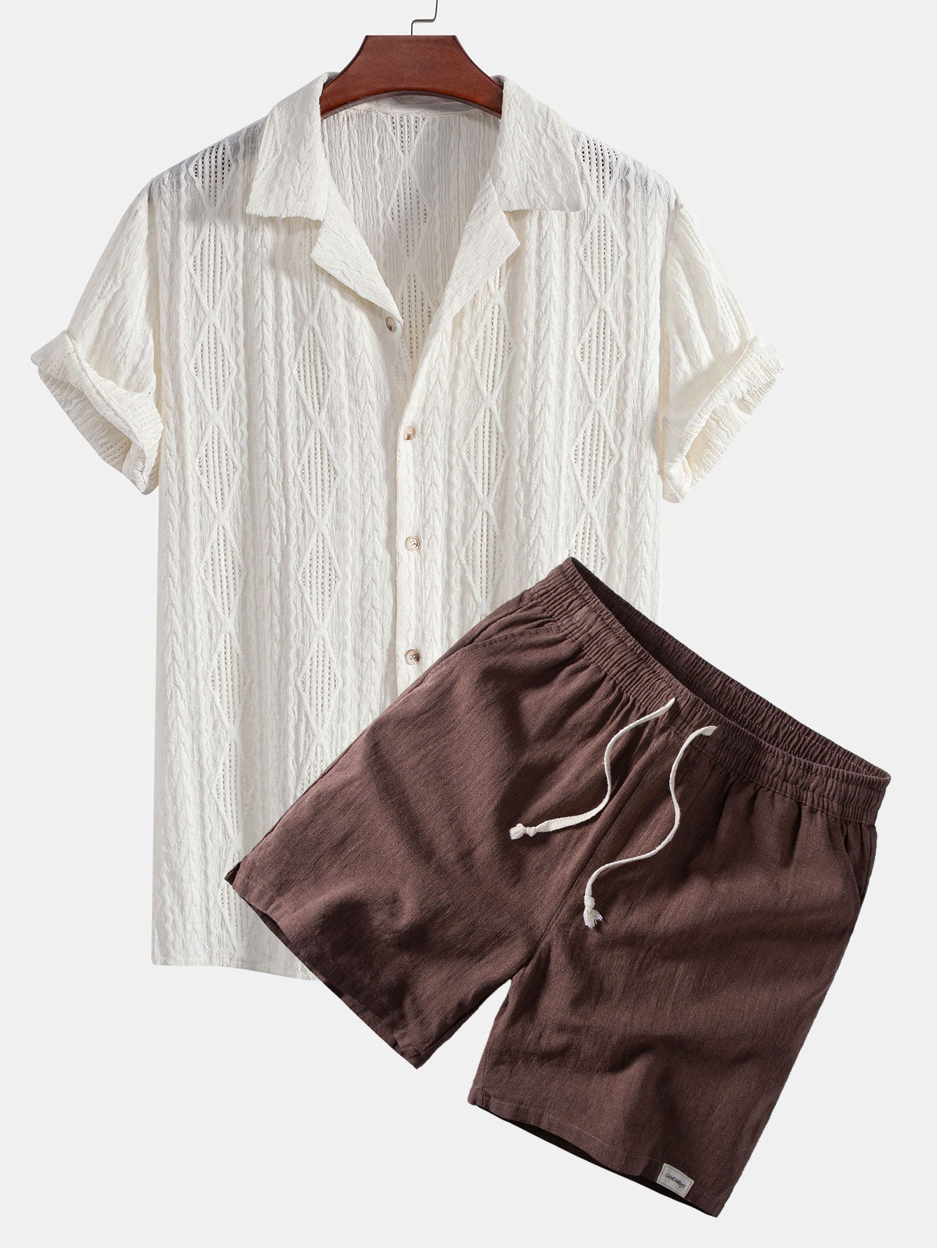Geometric Jacquard Eyelet Cuban Shirt & Linen Blend Drawstring 7" Shorts Set