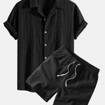 Geometric Jacquard Eyelet Cuban Shirt & Linen Blend Drawstring 7" Shorts Set