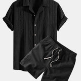 Geometric Jacquard Eyelet Cuban Shirt & Linen Blend Drawstring 7" Shorts Set