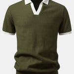 Contrast Knit Waffle Johnny Collar Polo & Drawstring Knitted Waffle Shorts Set
