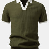 Contrast Knit Waffle Johnny Collar Polo & Drawstring Knitted Waffle Pants Set
