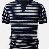 Stripe Waffle Johnny Collar Polo & Straight Leg Linen Pants Set