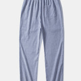Short Sleeve Linen Stand Collar Shirt & Linen Stripe Pants Set
