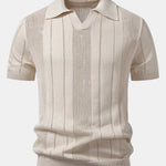 Johnny Collar Striped Open Knit Polo & Straight Leg Linen Pants Set