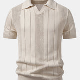 Johnny Collar Striped Open Knit Polo & Straight Leg Linen Pants Set
