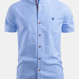 Short Sleeve Cotton Stripe Stand Collar Shirt