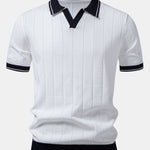 Contrast Trim Ribbed Johnny Collar Knit Polo & Ribbed Pants Set