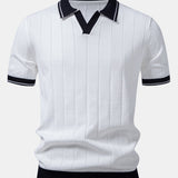 Contrast Trim Ribbed Johnny Collar Knit Polo & Chino Shorts Set