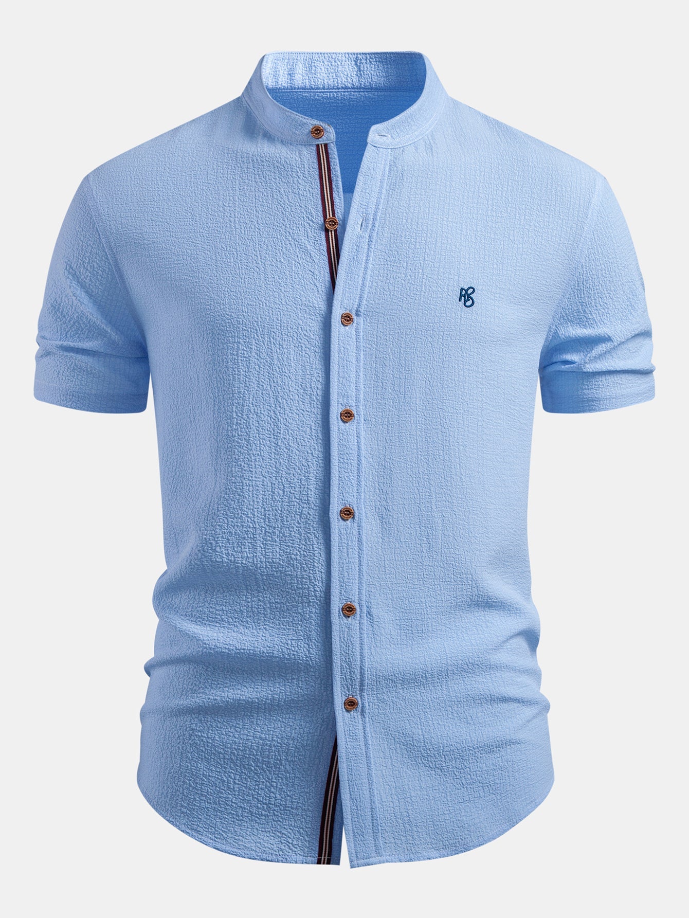 Short Sleeve Seersucker Stand Collar Shirt