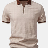 Contrast Trim Textured Zipper Knit Polo & Elastic Waist Trousers Set
