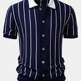 Stripe Button Up Knit Shirt & Elastic Waist Chino Shorts Set