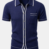 Contrast Trim Ribbed Knit Shirt & Slim Fit Tapered Trousers Set