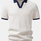 Contrast Knit Waffle Johnny Collar Polo & Drawstring Knitted Waffle Shorts Set