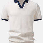 Contrast Knit Waffle Johnny Collar Polo & Drawstring Knitted Waffle Shorts Set