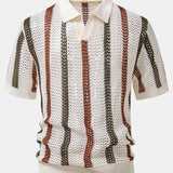 Striped Crochet V Neck Polo & Straight Leg Linen Pants Set