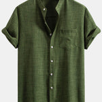 Short Sleeve Stand Collar Shirt & Linen Drawstring Shorts Set