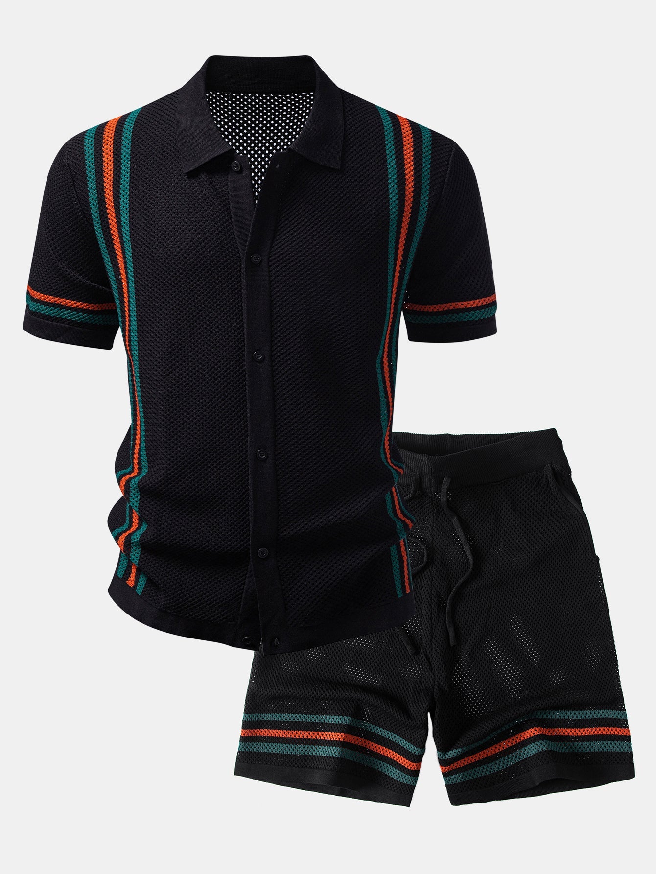 Stripe Button Up Open Knit Shirt & Drawstring Shorts Set