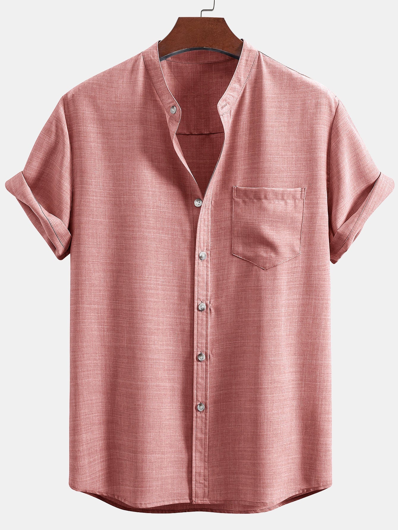 Short Sleeve Stand Collar Shirt & Linen Drawstring Shorts Set