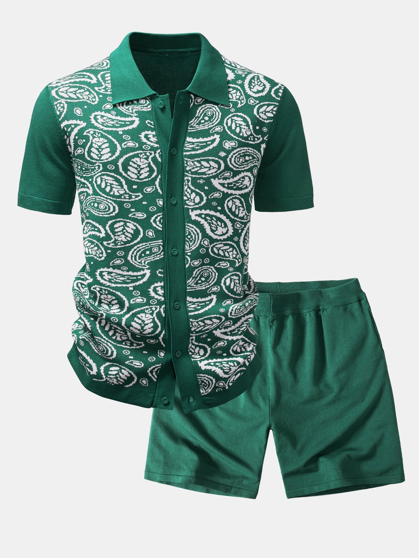 Paisley Button Up Knit Shirt & Knit Shorts Set