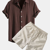 Linen Rayon Blend Shirt & Linen Blend Drawstring 7" Shorts Set