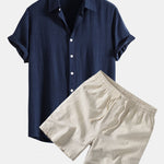 Linen Rayon Blend Shirt & Linen Blend Drawstring 7" Shorts Set