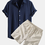 Linen Rayon Blend Shirt & Linen Blend Drawstring 7" Shorts Set