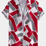 Color Block Geometry Print Shirt & Man Mid Length Drawstring Swim Shorts Set