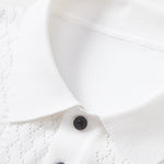Geometric Jacquard Open Knit Polo & Straight Leg Linen Pants Set
