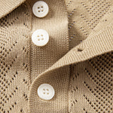 Geometric Jacquard Open Knit Polo & Straight Leg Linen Pants Set