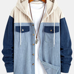 Relax Fit Corduroy Patchwork Hooded Shirt with Pockets