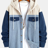 Relax Fit Corduroy Patchwork Hooded Shirt with Pockets