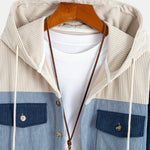 Relax Fit Corduroy Patchwork Hooded Shirt with Pockets