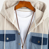 Relax Fit Corduroy Patchwork Hooded Shirt with Pockets