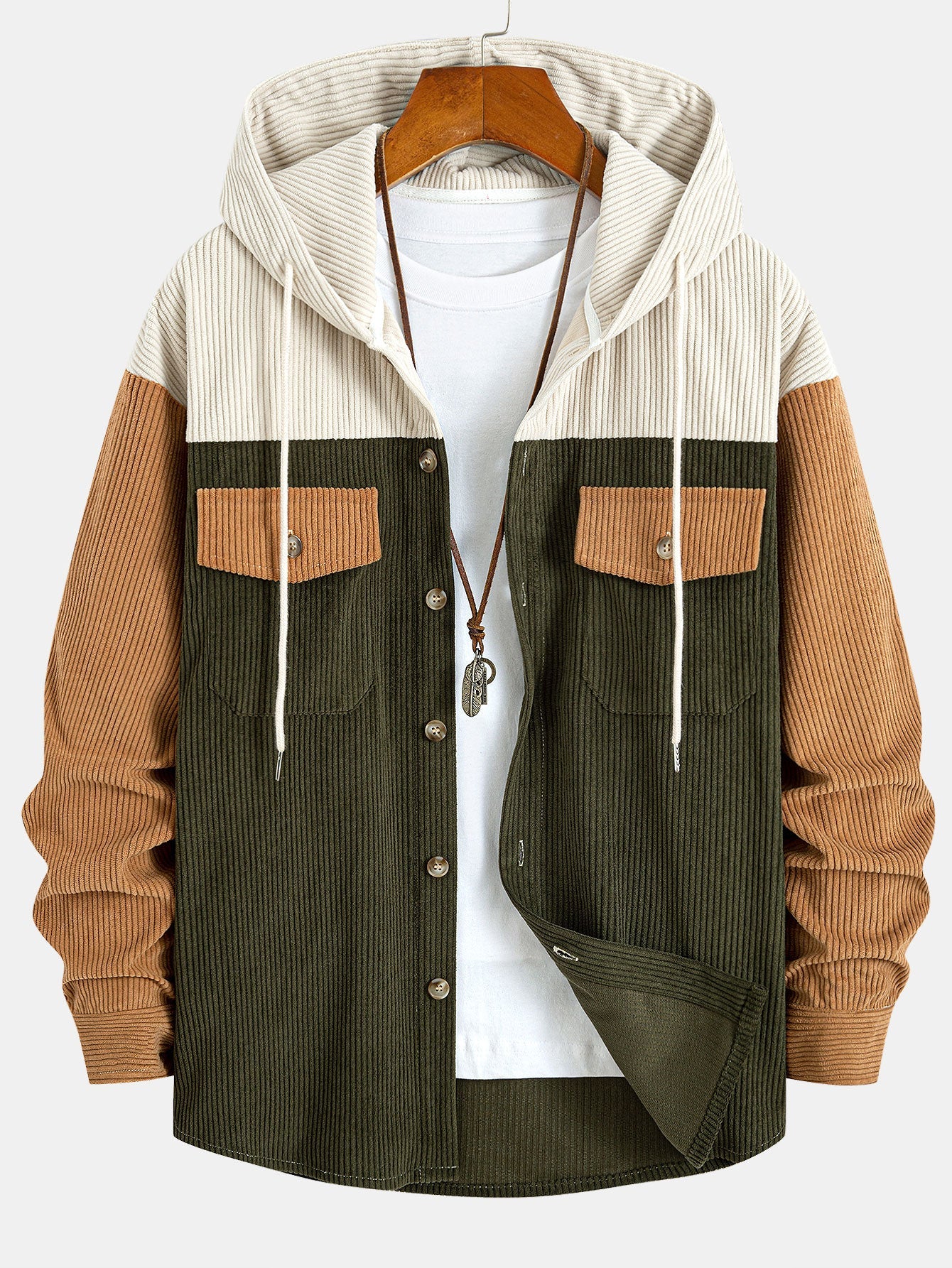 Relax Fit Corduroy Patchwork Hooded Shirt with Pockets