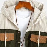 Corduroy Patchwork Hooded Shirt with Pockets & Corduroy Pants Set