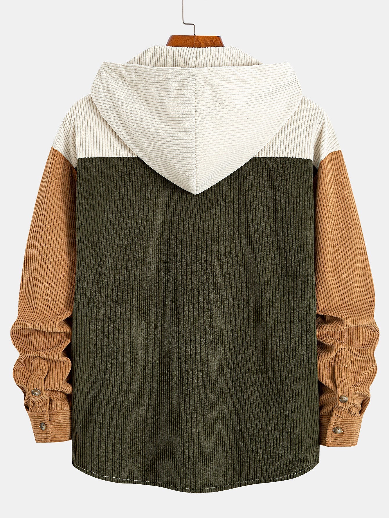 Relax Fit Corduroy Patchwork Hooded Shirt with Pockets