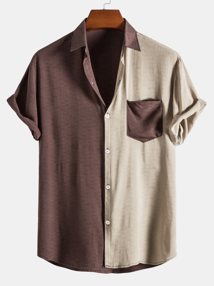 Contrast Color Lapel Cotton Shirts #This Item Will Shrink After